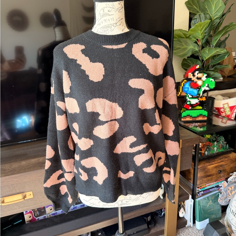Black Sweater with Blush Pink Leopard Print